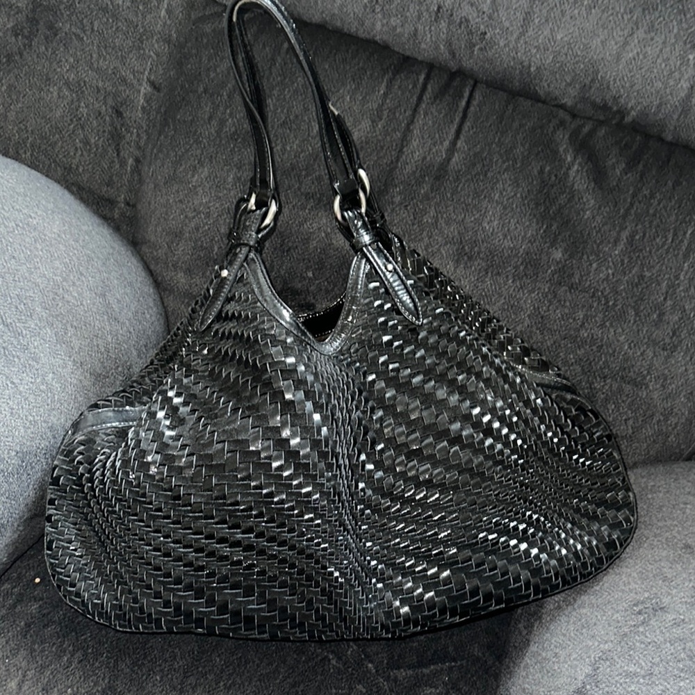 Cole Haan Genevieve Woven Leather Weave Brown Triangle Tote Hand Bag Purse - Picture 8 of 13